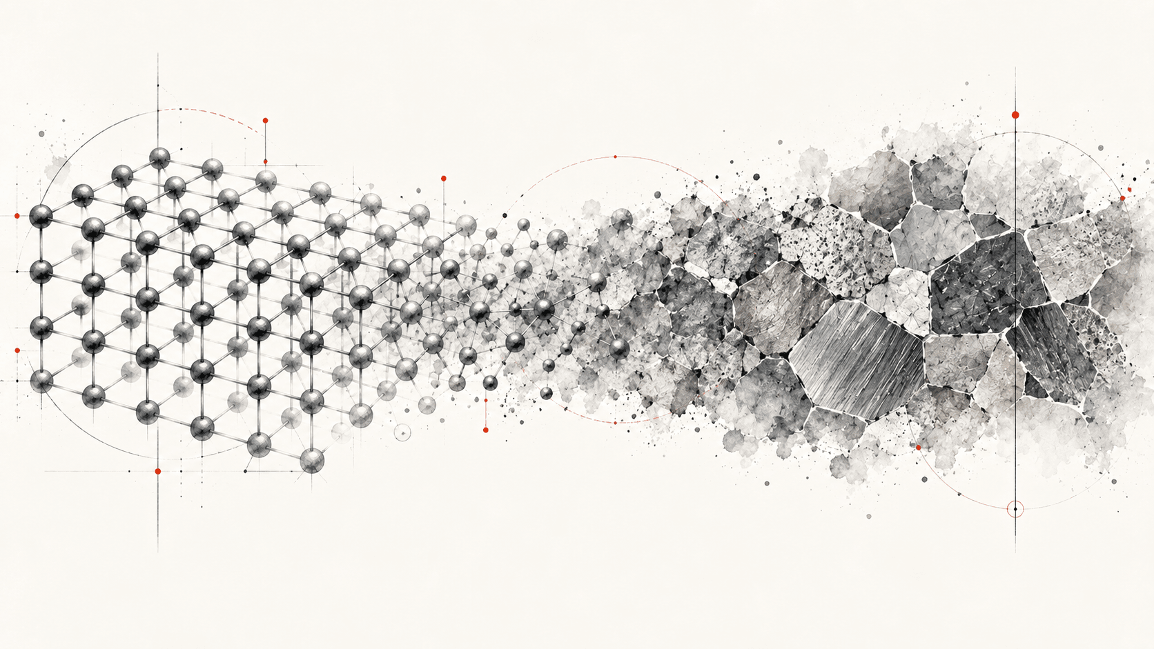 Loose particles gathering into a crystalline lattice, which becomes the grain structure of a solid material.