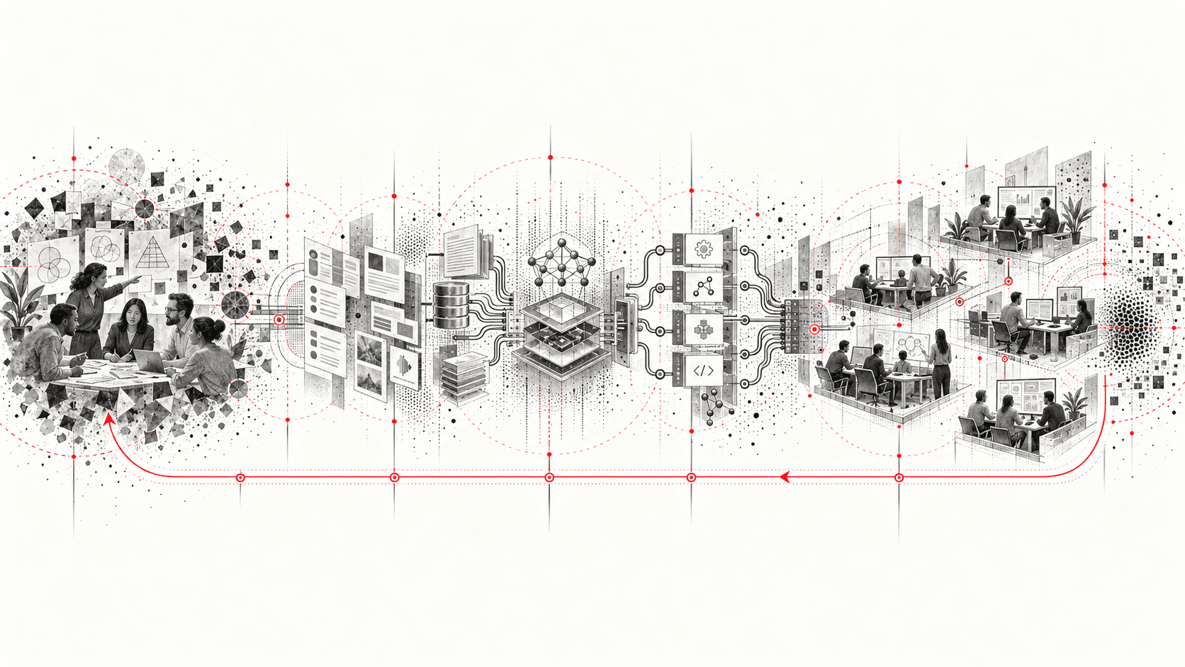 A team learning to work with AI, and that capability spreading until several teams build systems of their own.