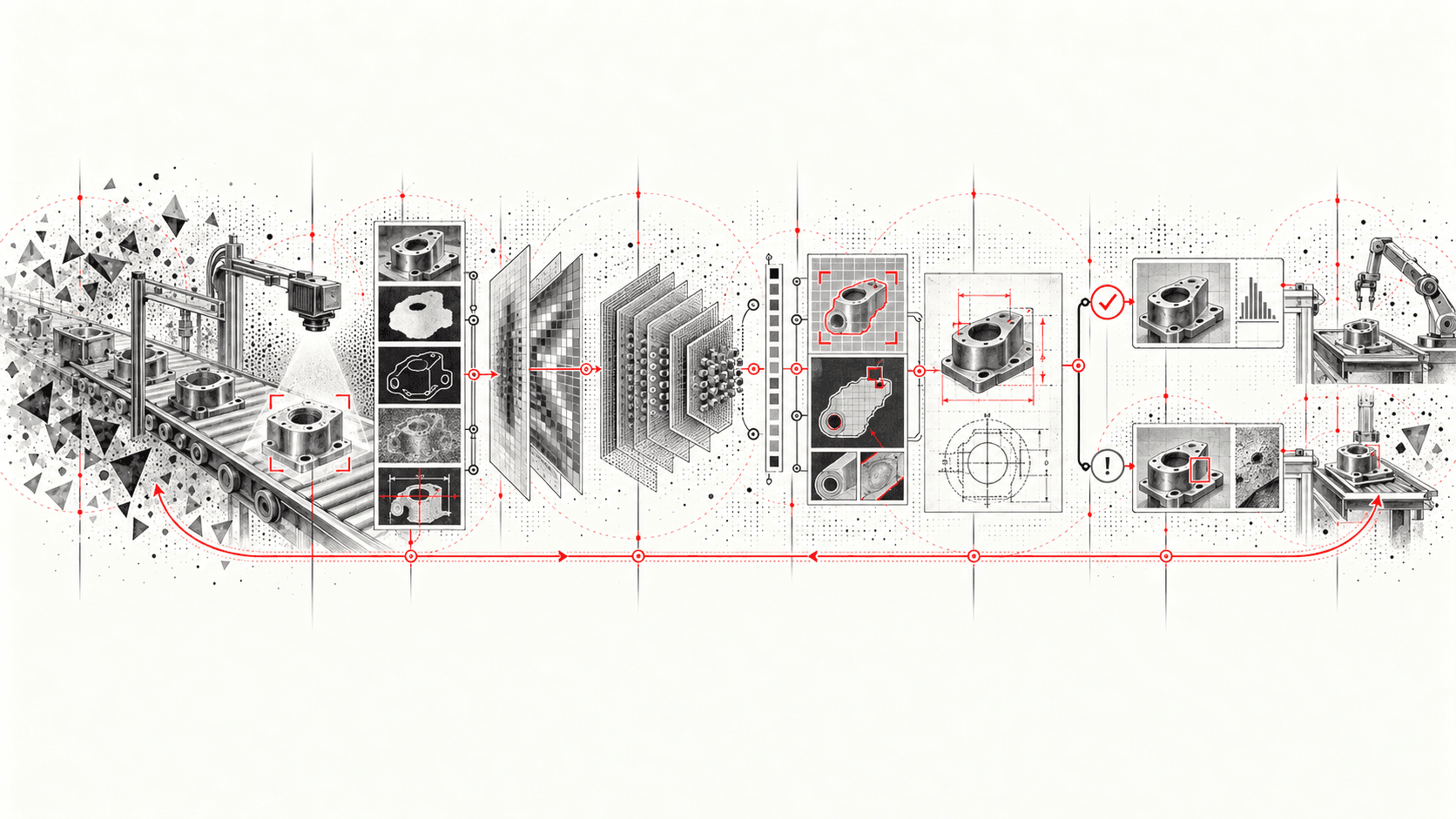 An industrial computer-vision line from image acquisition through processing and a model to an inspected accept-or-reject decision.
