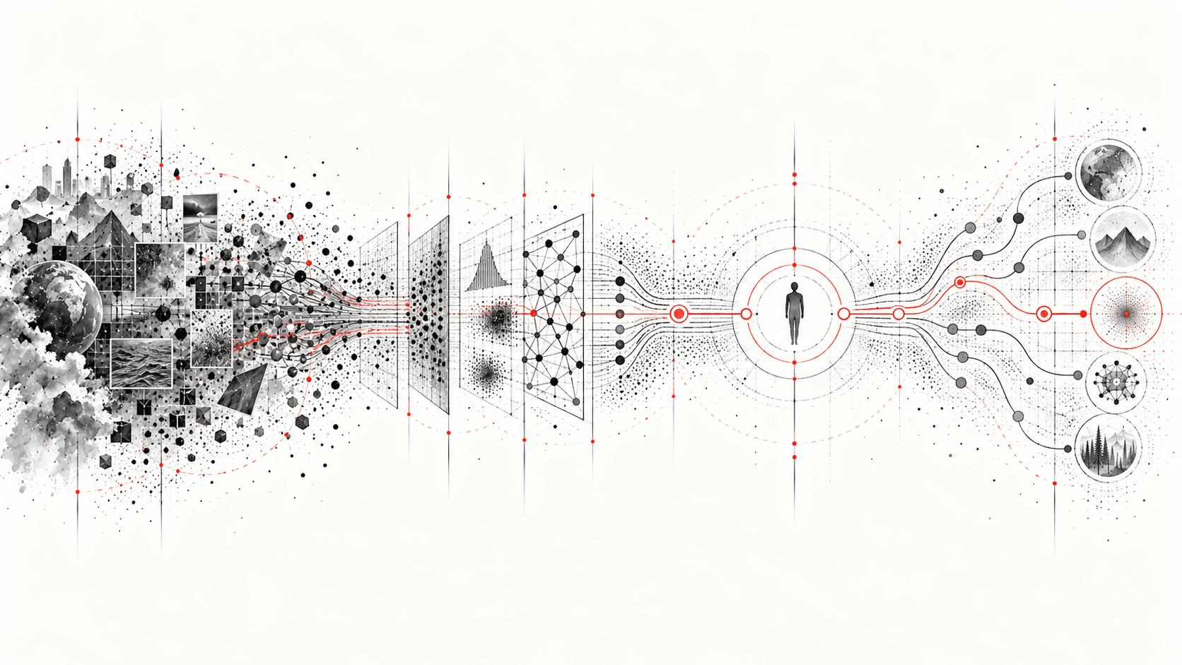 Noisy information and images converging through layers of structured analysis around a person at the centre, then branching into distinct outcomes.